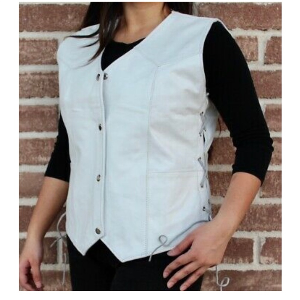 Ladies Braided Side Laces Motorcycle White Leather Concealed Carry Vest
